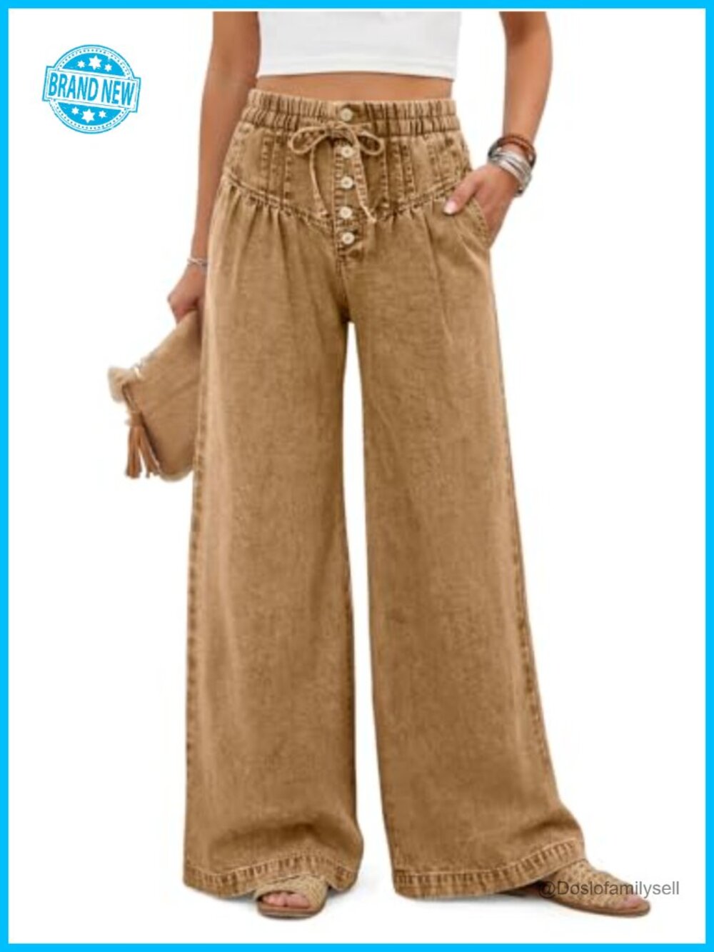 Wide Leg High Rise Baggy Jeans Denim Palazzo Pants Drawstring Waist